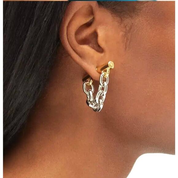 NEW Earrings Chunky Chain Front Back Barbell Two Tone Paco Rabanne STYLE AU31 - Picture 2 of 5